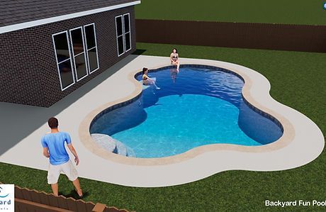 A man is standing next to a large swimming pool in a backyard.