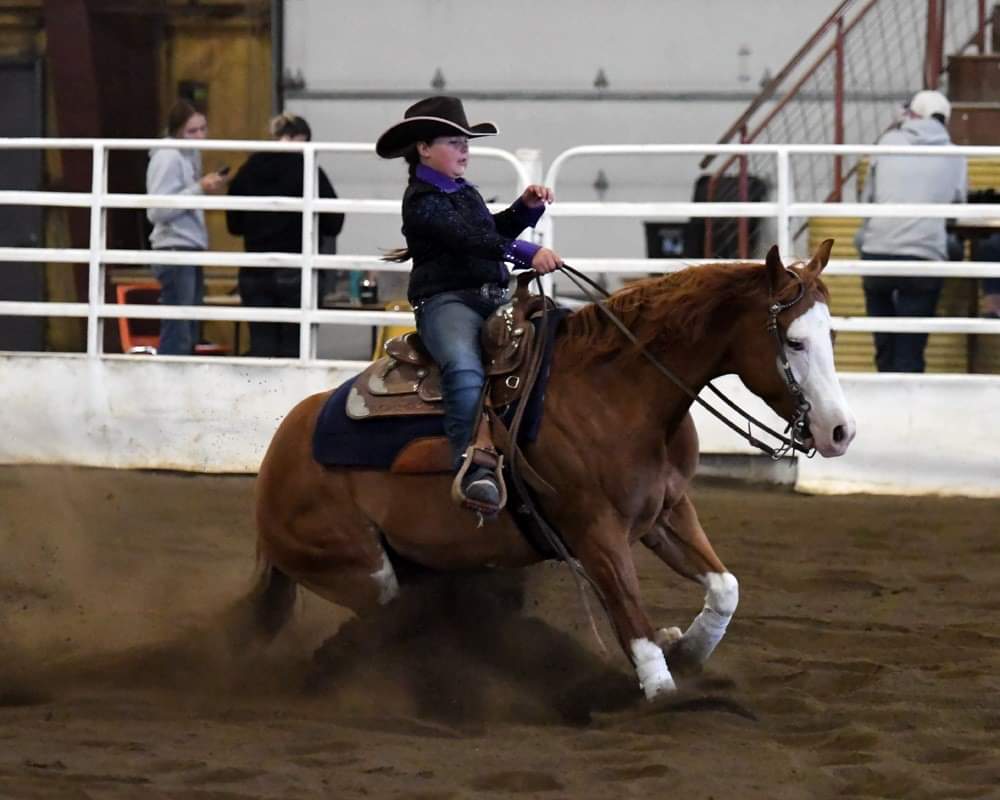 A woman in a cowboy hat is riding a brown horse