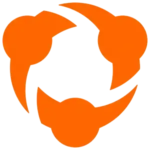 Orange abstract circular logo with three rounded shapes around a white center