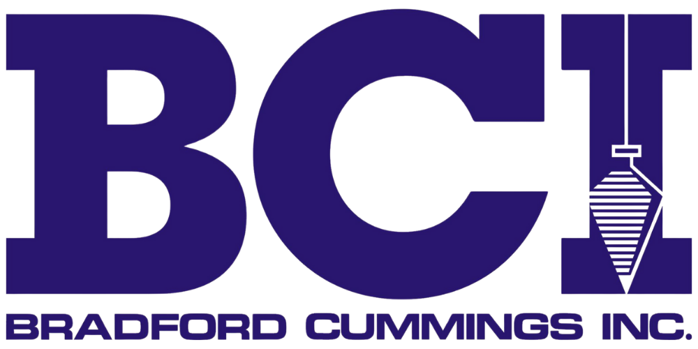 Logo for Bradford Cummings Inc., with blue block letters BCI and a plumb bob icon.