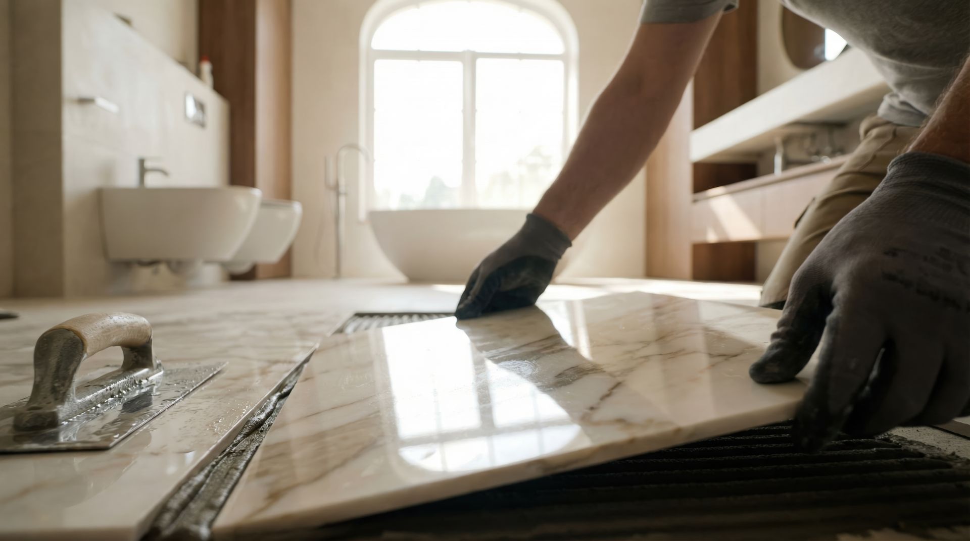 Hands in gloves carefully placing marble tiles on a bathroom floor during renovation