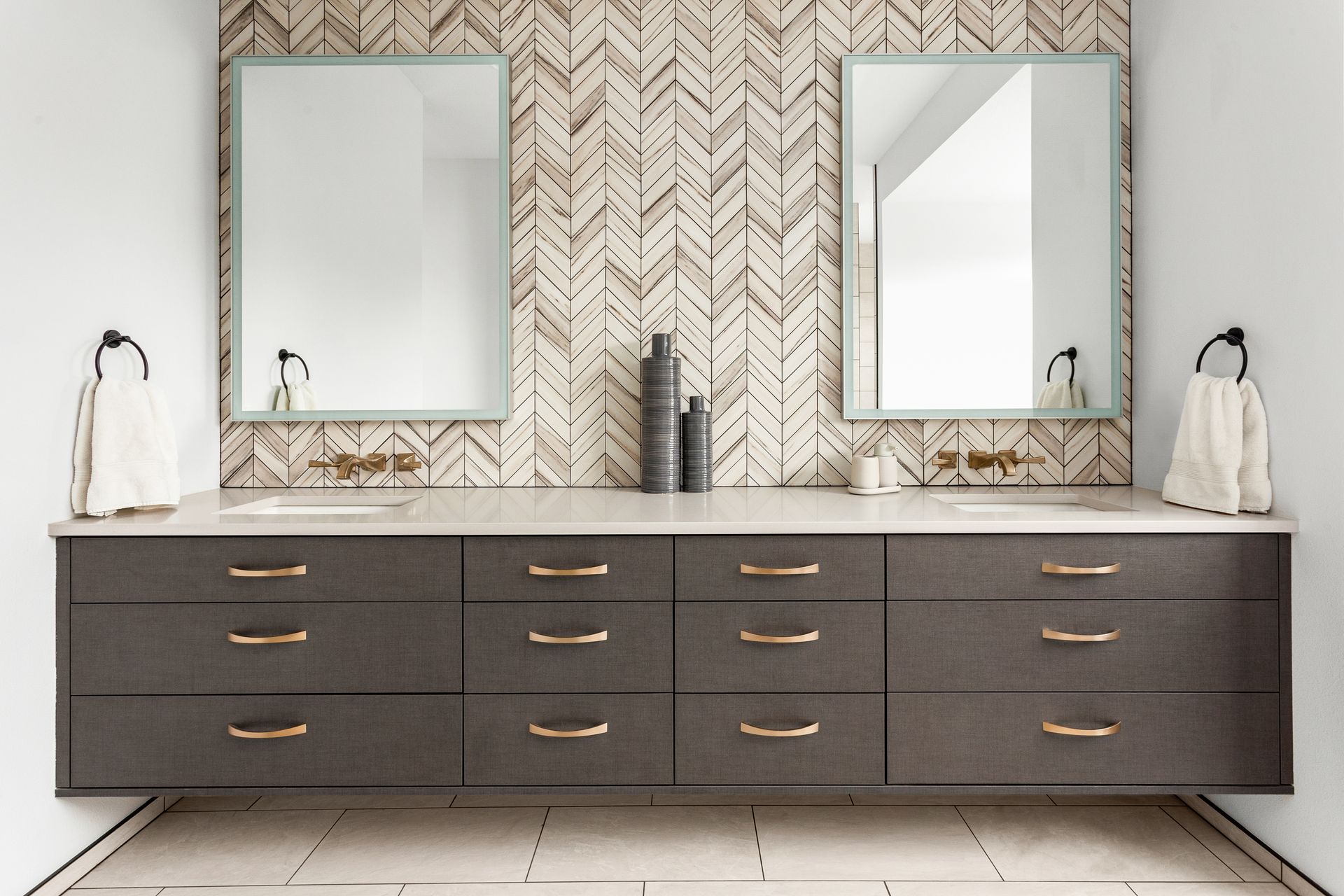 Cropped view of vanity top in elegant owner's bath desk.