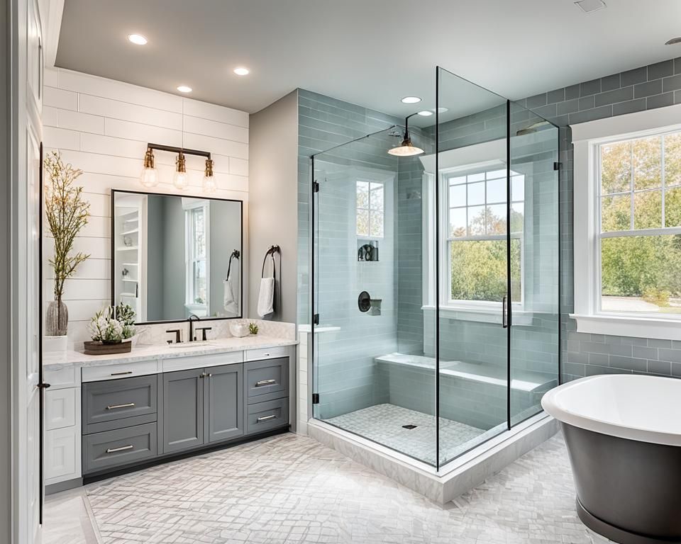 Bathroom with gray and white tile, glass shower, double vanity, and freestanding tub.