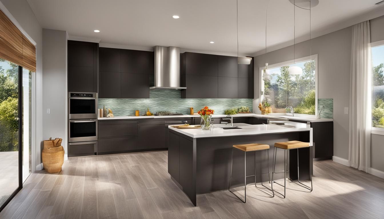 Modern kitchen with dark cabinetry, island, stainless steel appliances, and large windows.