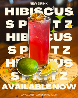 Hibiscus Spitz drink ad with tall red cocktail, lime, lemon slices, and “Available Now” text