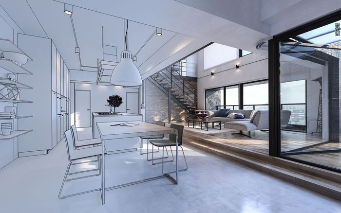 Croquis d'aménagement intérieur moderne comprenant un coin repas, une cuisine et un espace extérieur avec vue sur la ville.