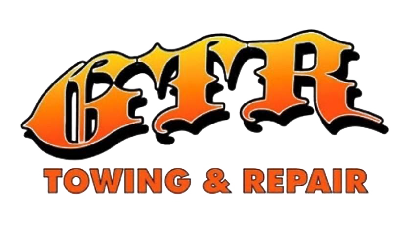 Logo for GTR Towing & Repair featuring stylized, orange and yellow gradient lettering on a white background.