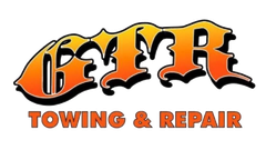 Logo for GTR Towing & Repair featuring stylized, orange and yellow gradient lettering on a white background.