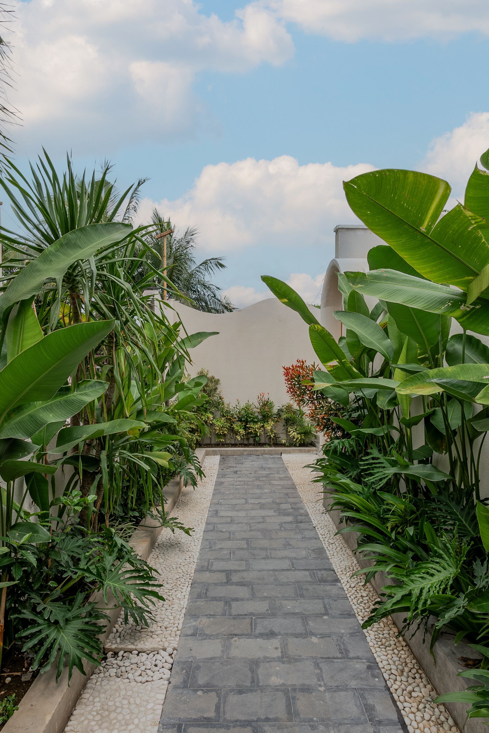 Stone path through lush tropical garden under a partly cloudy blue sky