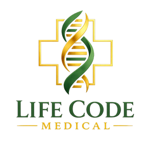 Life Code Medical logo with gold cross and DNA helix in green and gold