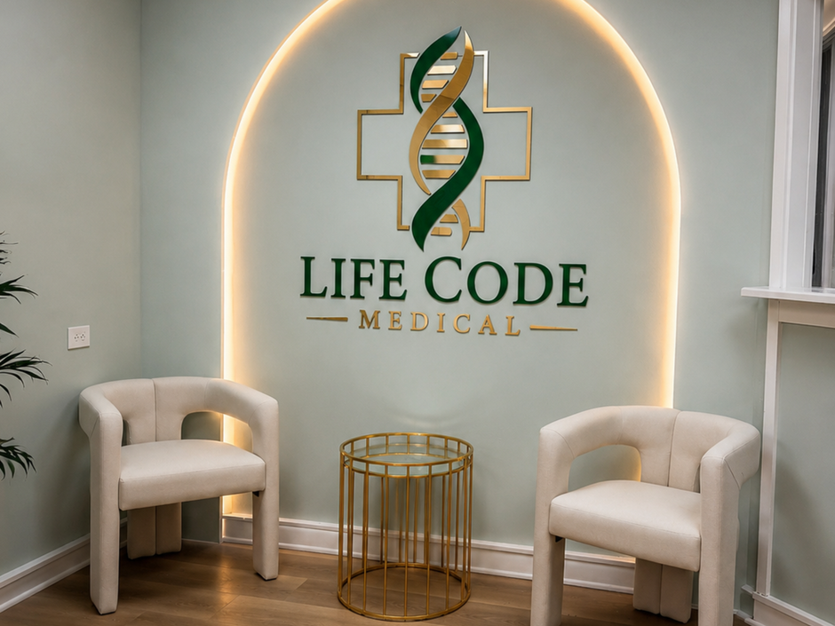 Clinic lobby with Life Code Medical logo, two beige chairs, and a gold side table against a gray wall