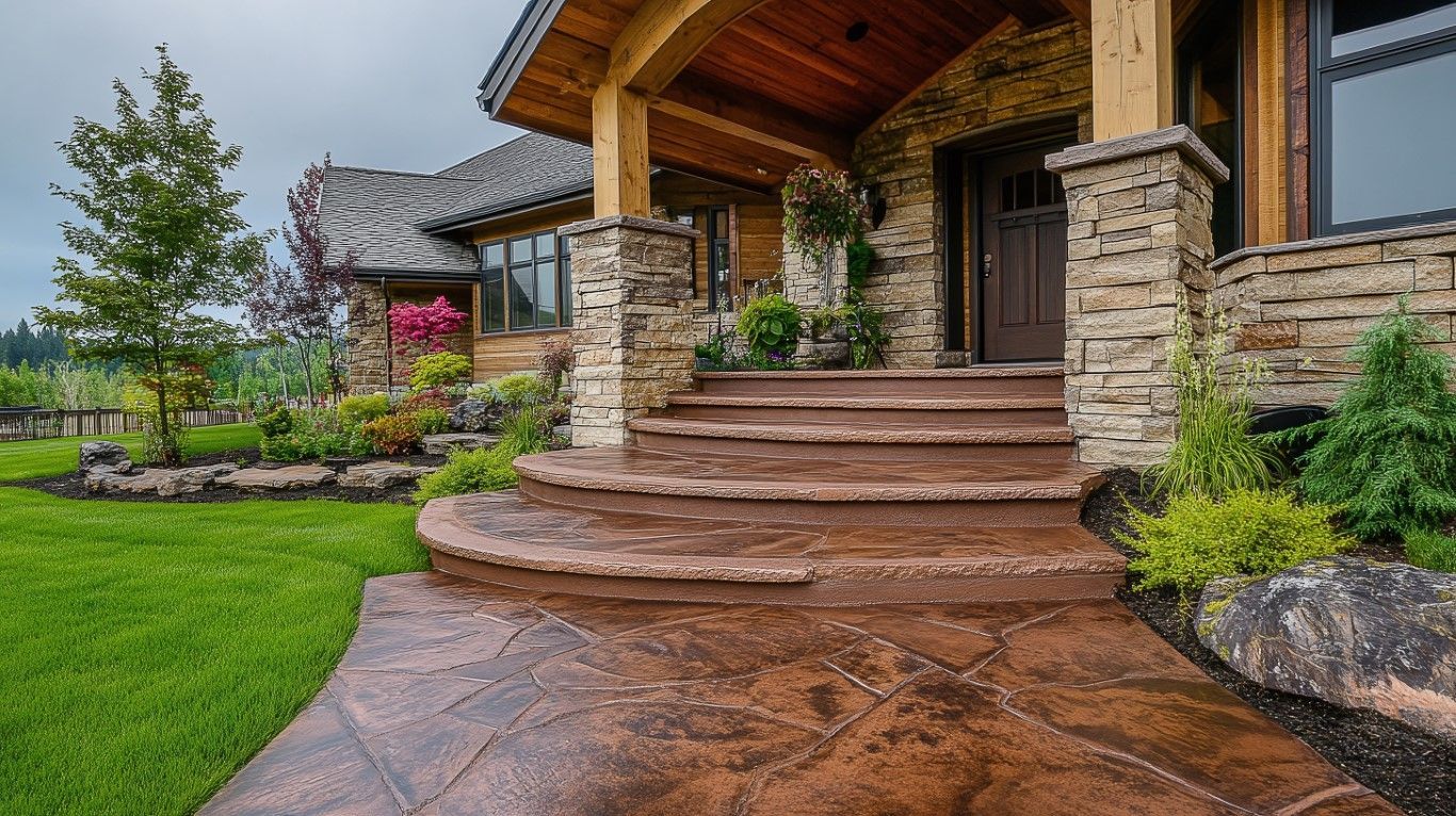 Stone front porch with curved steps, wooden roof, and landscaped garden beside a house