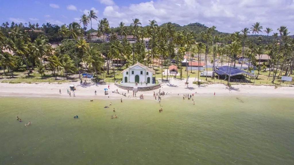 Uma vista aérea de uma praia com palmeiras e uma igreja.