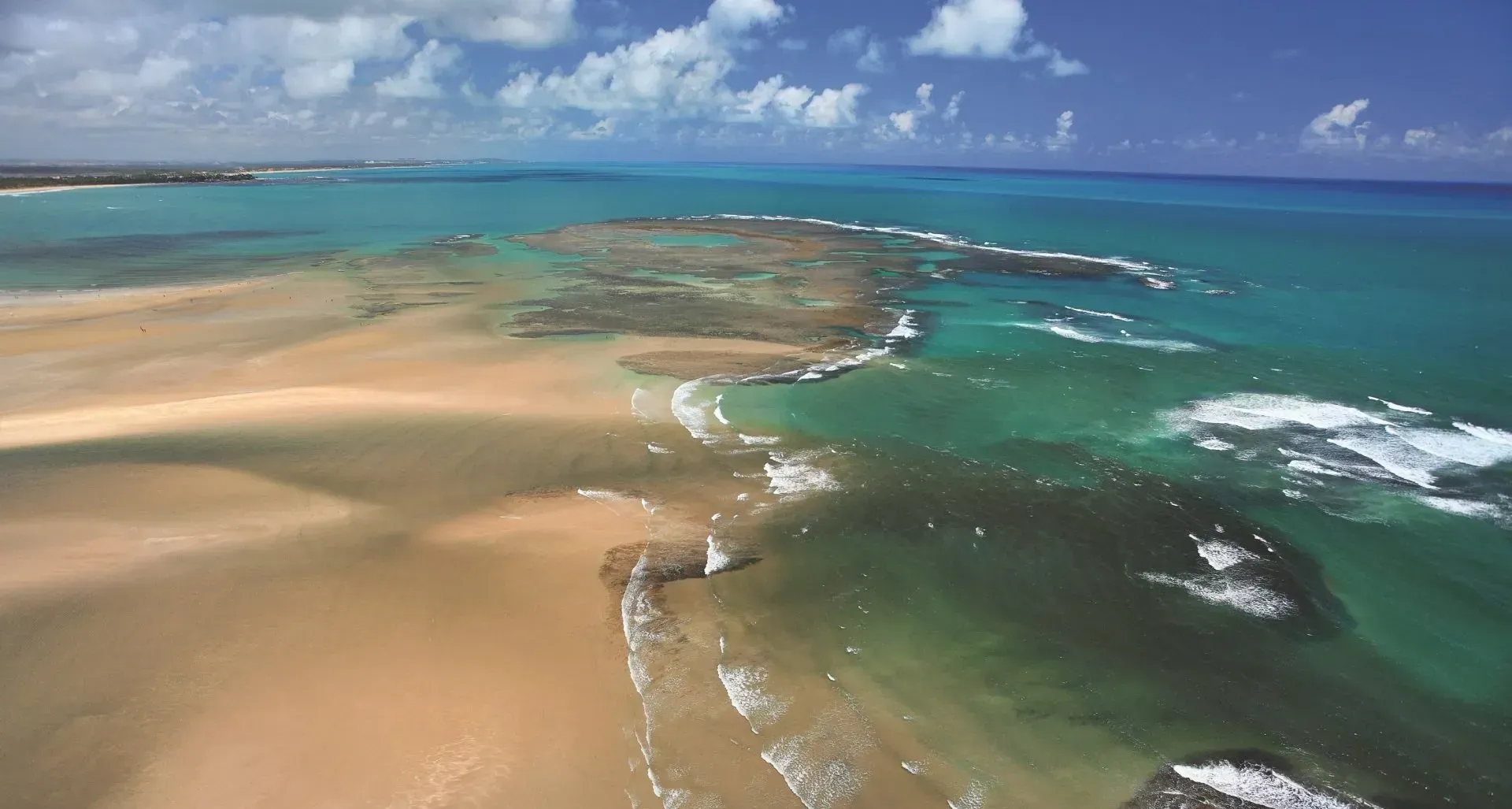 Uma vista aérea de uma praia arenosa próxima a um corpo d'água.