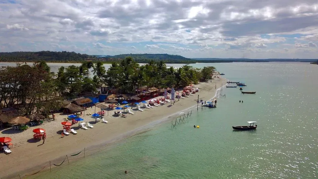 Uma vista aérea de uma praia com guarda-sóis e barcos na água.