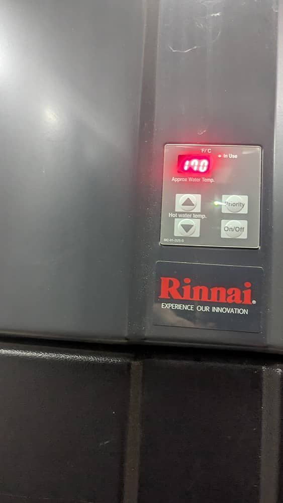 A Rinnai oven control panel with a red display showing 198. There are up/down buttons and an on/off button.