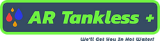 Logo for AR Tankless with colorful water droplets and the tagline "We'll Get You In Hot Water!".