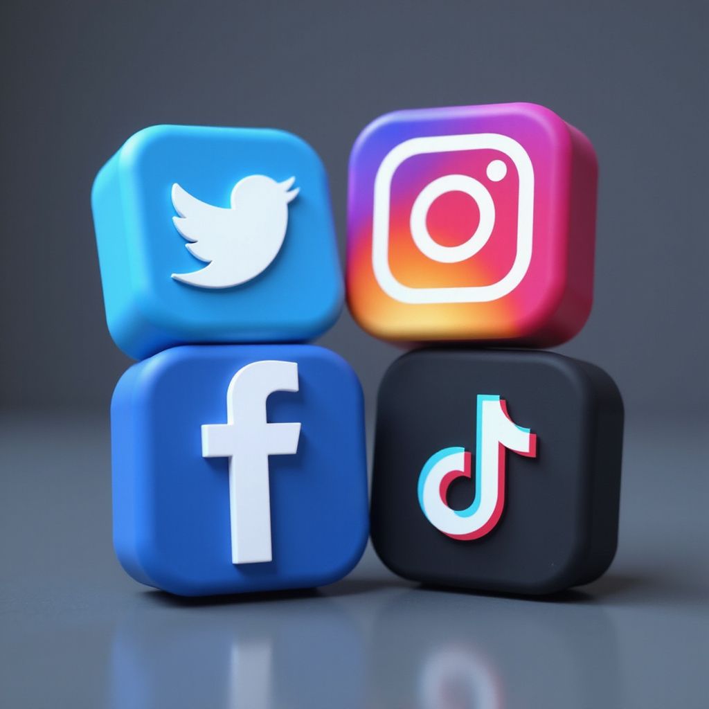 Social media logos: Twitter bird, Instagram camera, Facebook