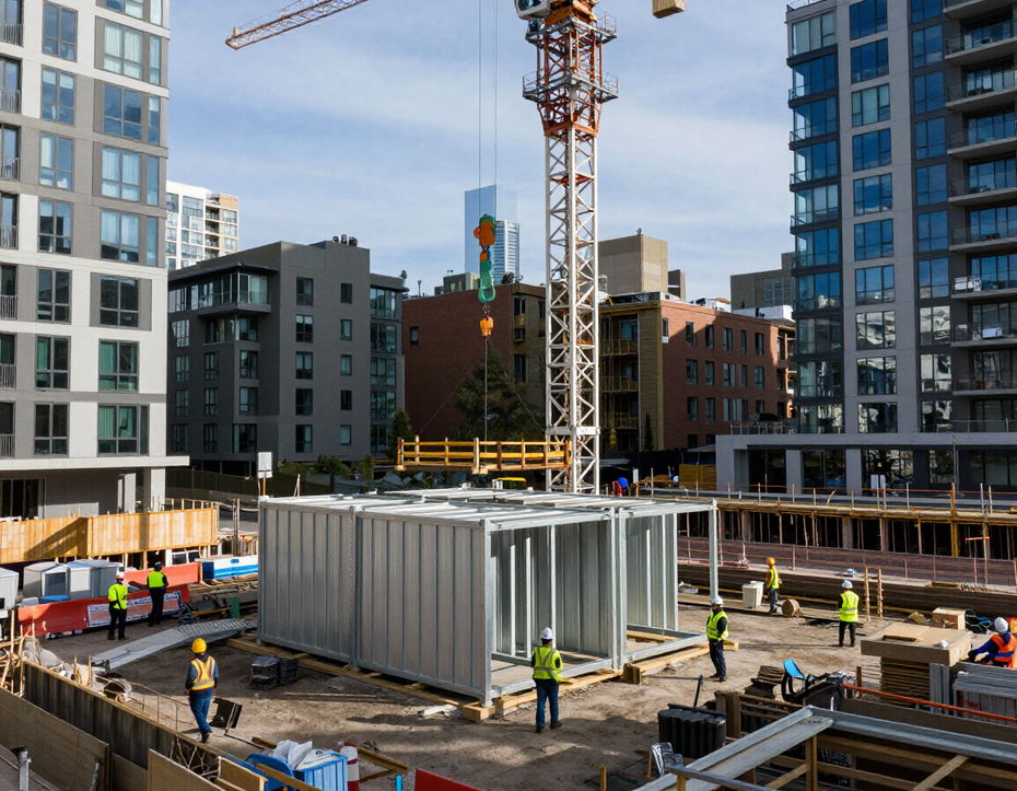 Modular multifamily construction site with crane setting prefab modules