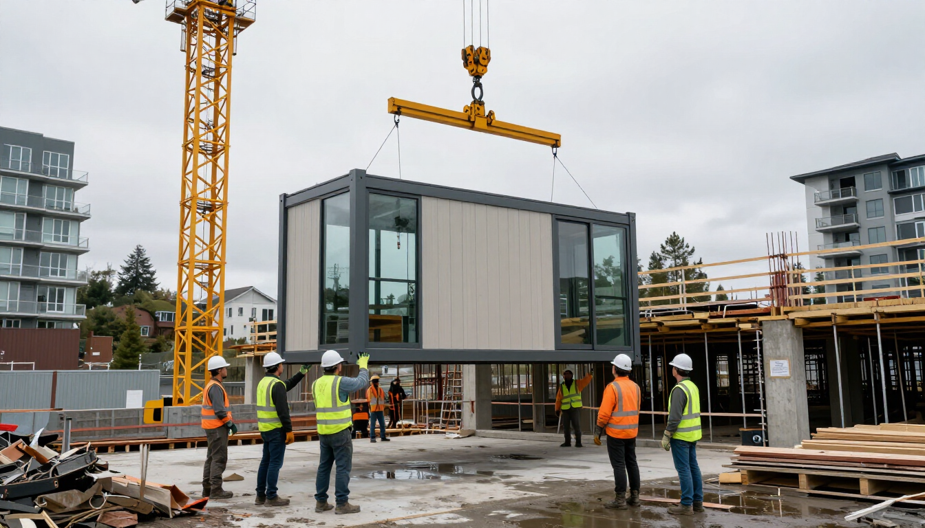 Modular unit being craned into position on multifamily building