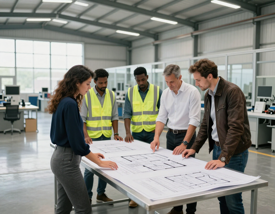 Design and manufacturing coordination meeting on factory floor