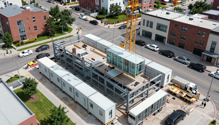 Aerial view of modular installation sequence with crane lifts