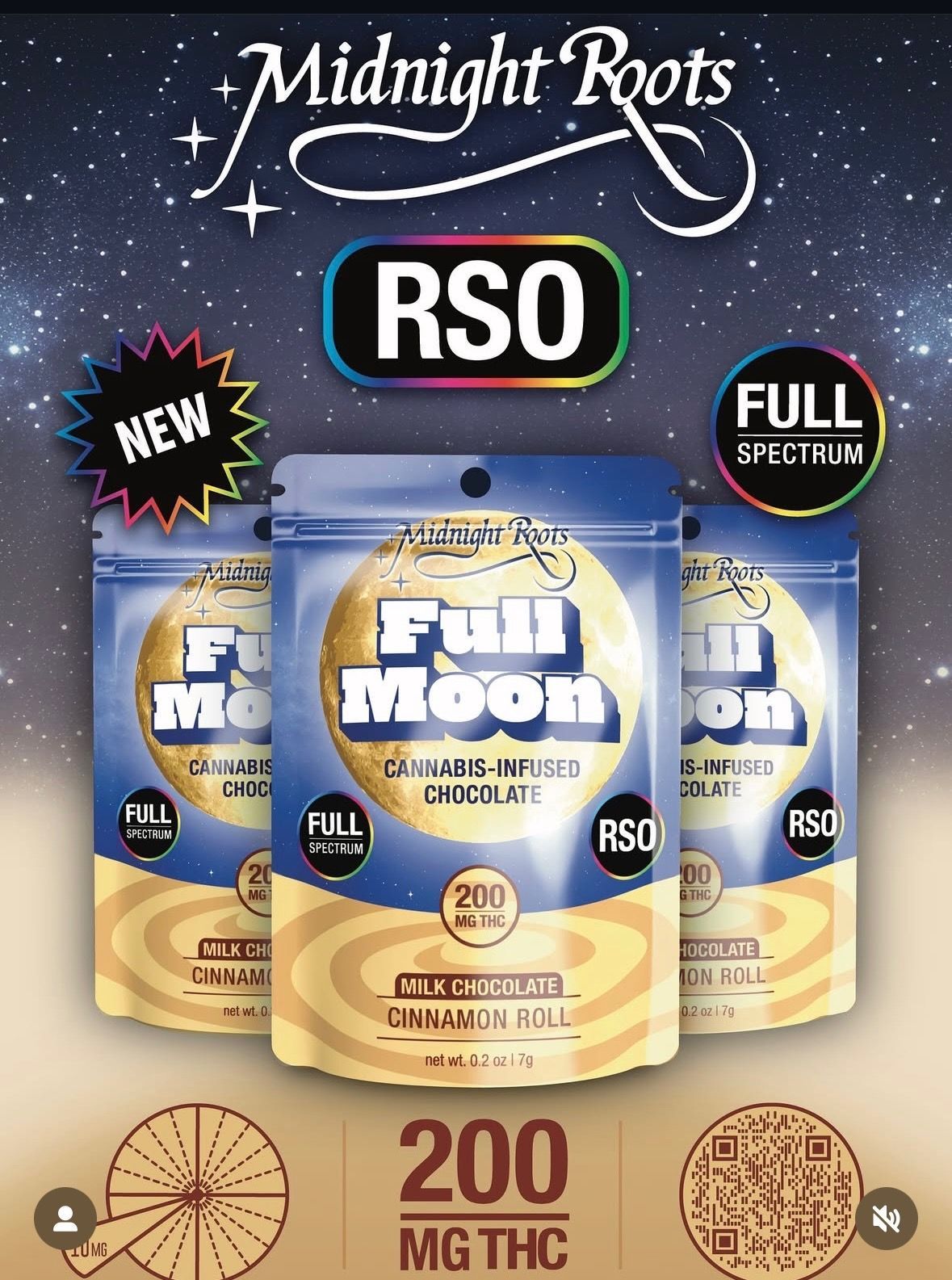 Advert for Midnight Roots Full Moon cannabis-infused chocolate. Features packs with 