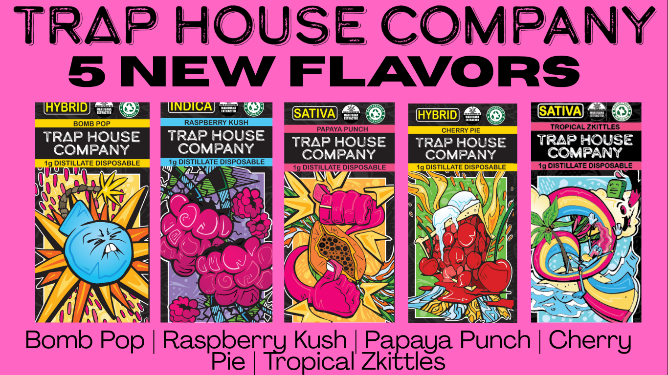 Five colorful product packages: Bomb Pop, Raspberry Kush, Papaya Punch, Cherry Pie, and Tropical Zkittles. 