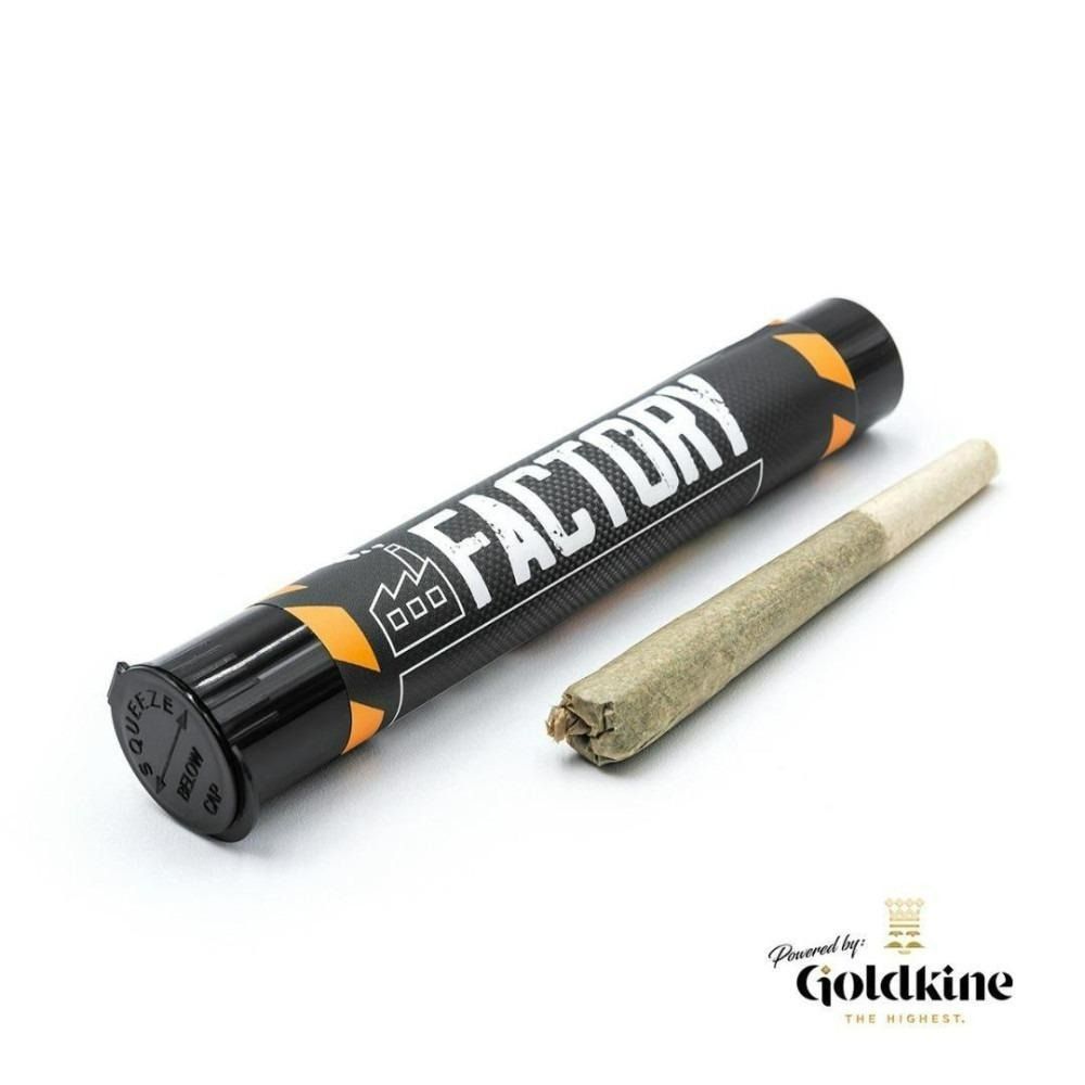 A pre-rolled cannabis joint and its packaging. The tube is black with orange accents and has the brand Factory printed on it.