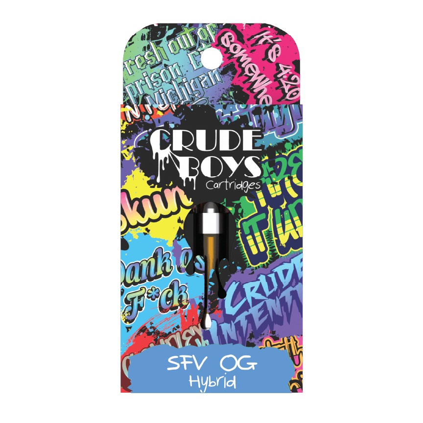 Crude Boys SFV OG hybrid cartridge packaging with colorful graffiti art background.
