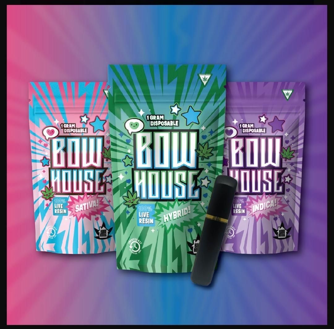 Three Bow House disposable cannabis bags, with a black pen in front, on a colorful background.