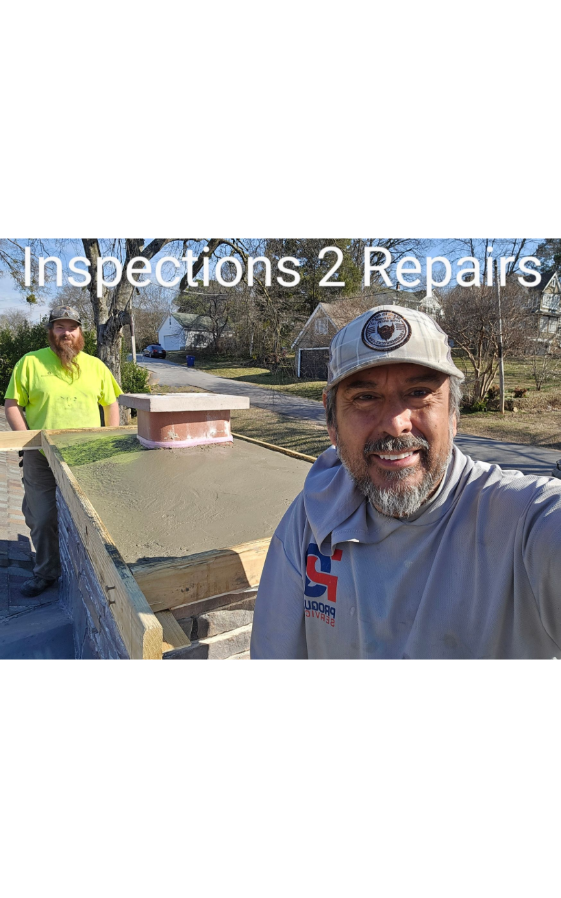 Two workers beside a flat roof, one in a neon shirt and one in a cap, with text reading “Inspections 2 Repairs.”