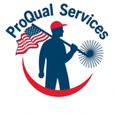 ProQual Services logo with red-white-blue worker silhouette, American flag, and sweeping red arc