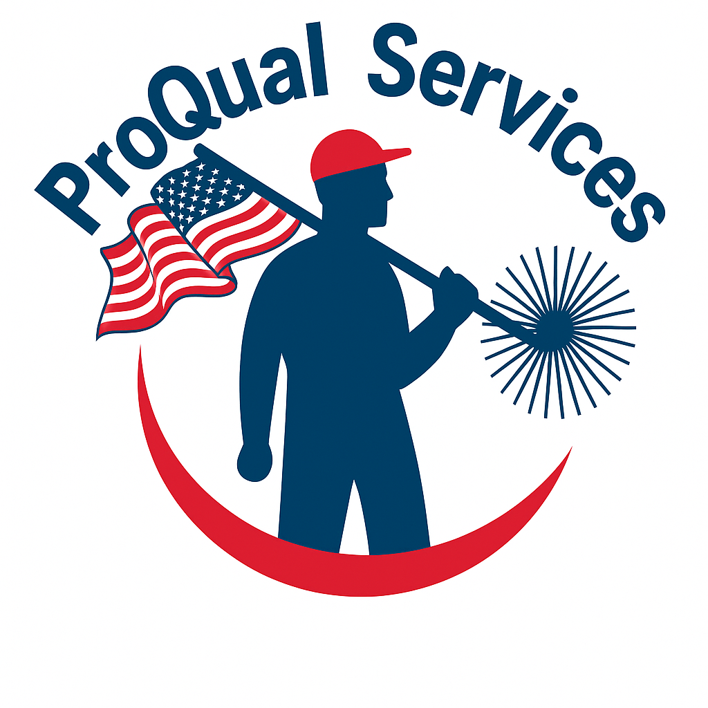 ProQual Services logo with red-white-blue worker silhouette, American flag, and sweeping red arc