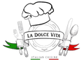 Logo for "La Dolce Vita" Italian cuisine: chef hat, plate, fork, knife, spoon, Italian flag ribbons.