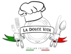 Logo for "La Dolce Vita" Italian cuisine: chef hat, plate, fork, knife, spoon, Italian flag ribbons.