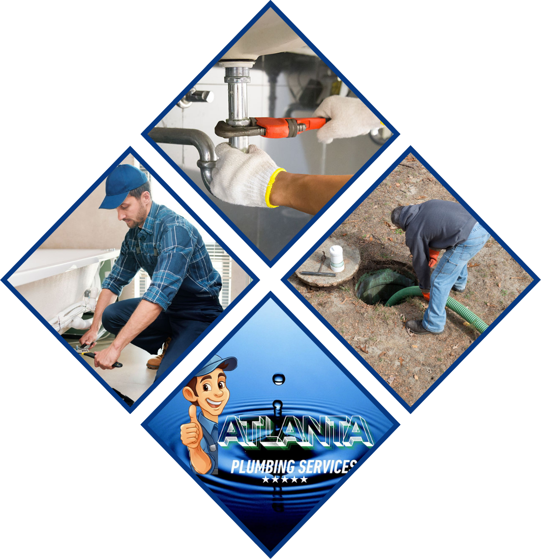 Plumbing services montage: plumber working on pipes, sink, septic tank. Blue, white, and brown tones. Plumbing services montage: plumber working on pipes, sink, septic tank. Blue, white, and brown tones.
