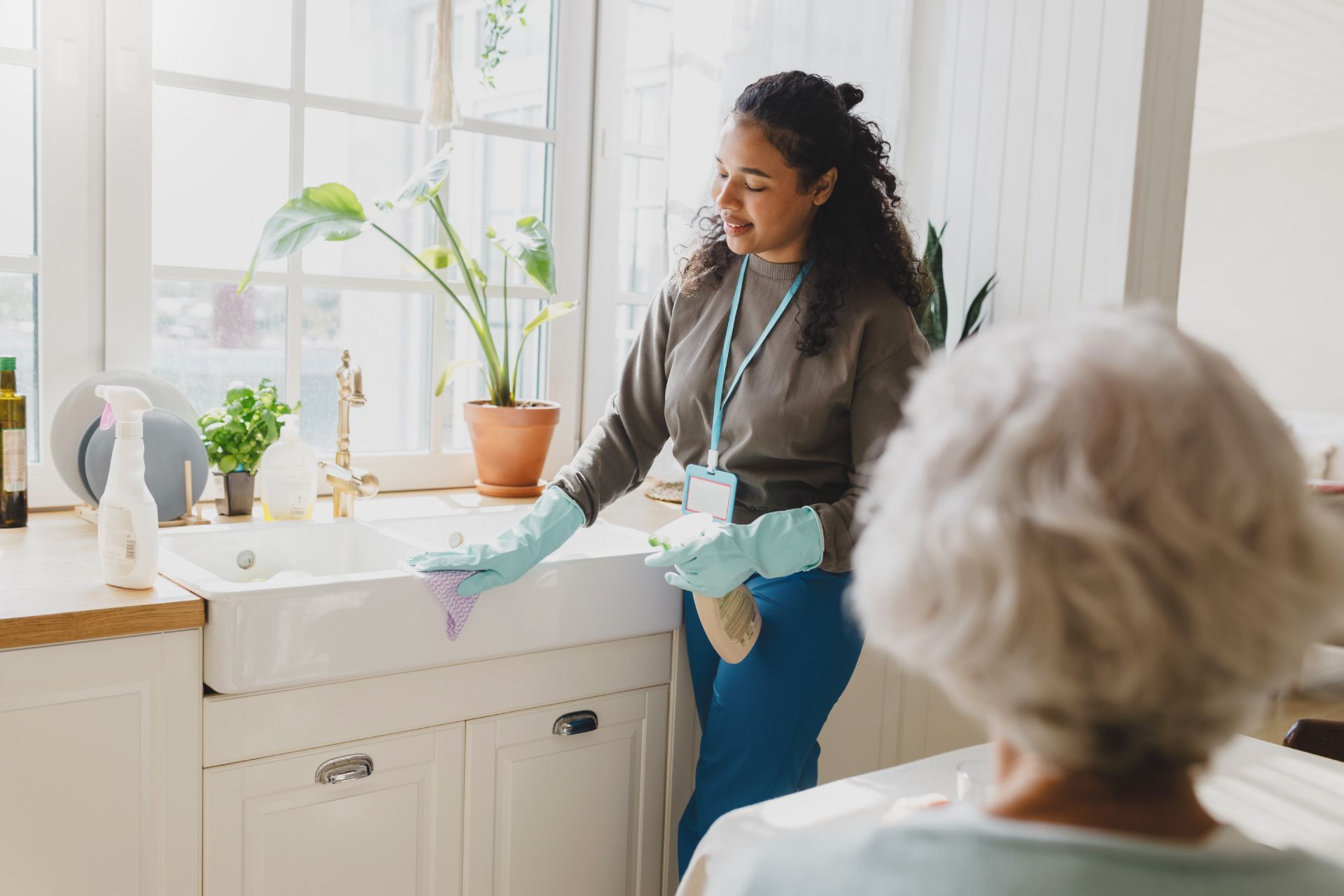 Person in gloves cleans sink, other person watches. Kitchen setting, window with plant.
