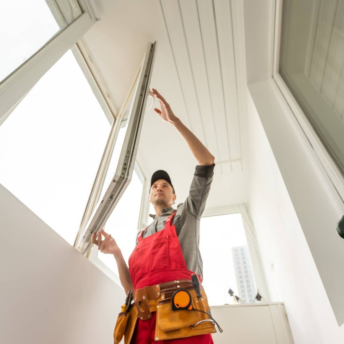 A man in a red apron is working on a window