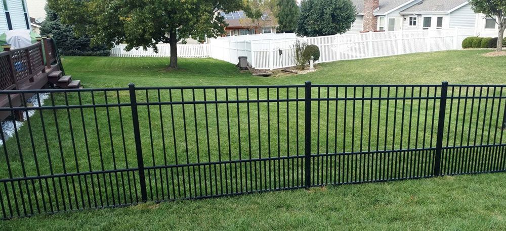 A Black Fence Surrounds a Lush Green Lawn in a Backyard — Rearden Fencing Pty Ltd in Toronto, NSW