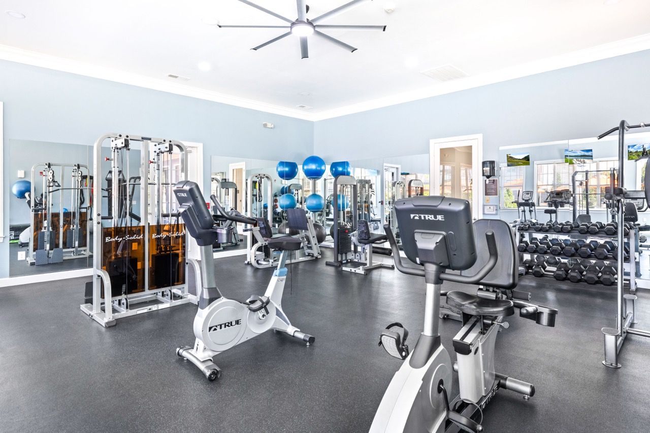 Bright on-site gym with cardio machines, free weights, weight machines, and mirrors.