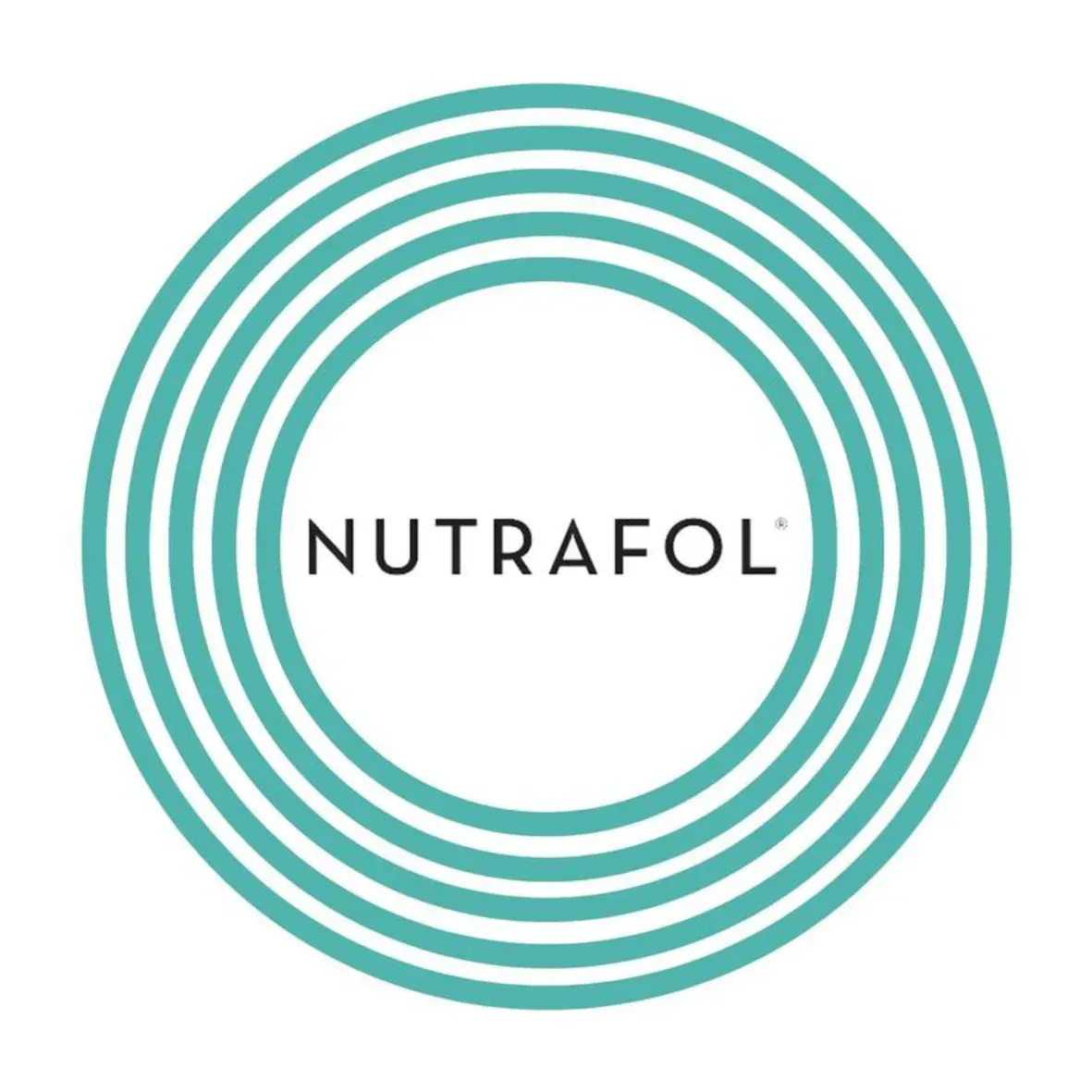 Nutrafol logo in black text inside teal concentric circles on a white background
