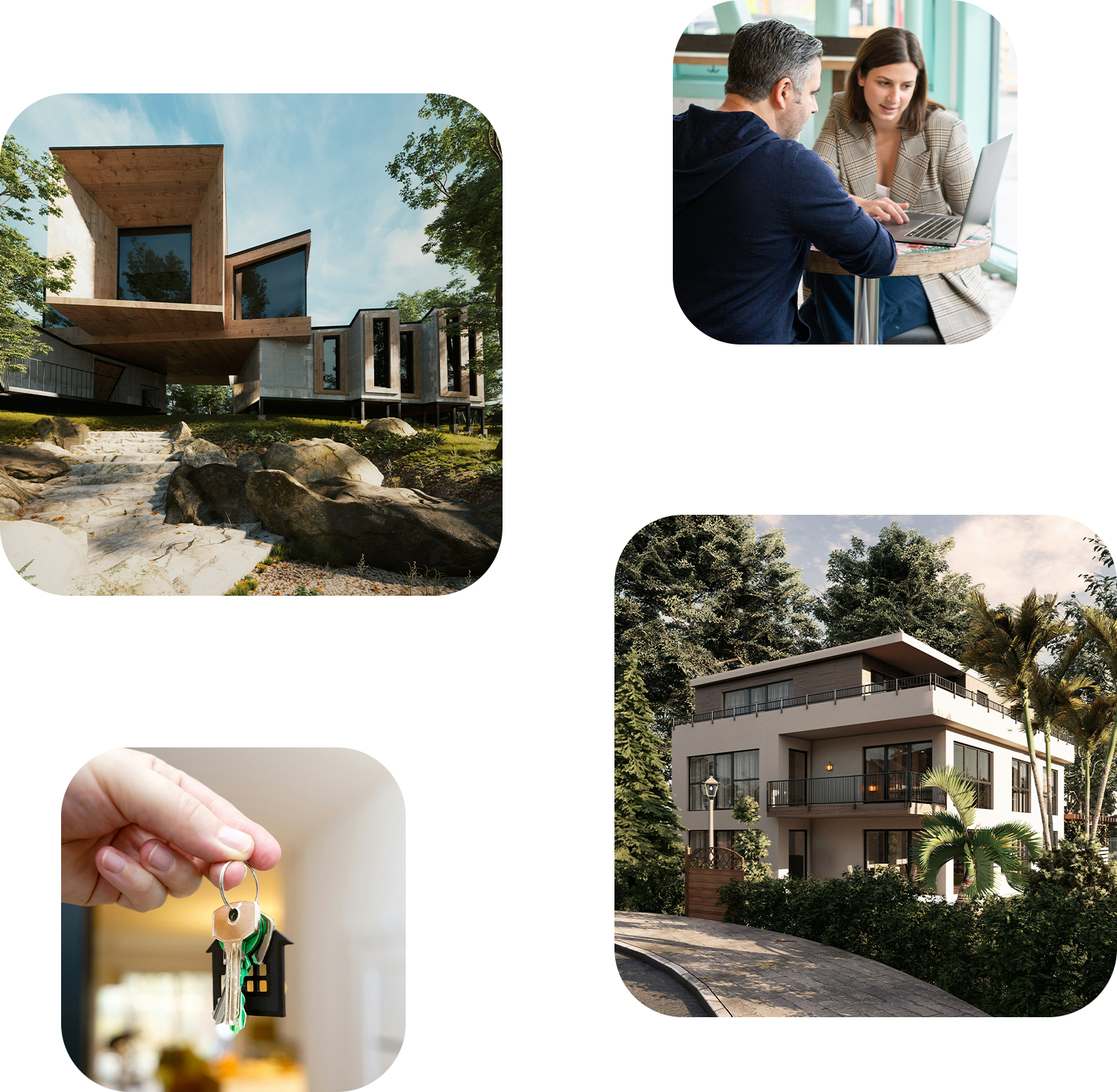 Collage of modern homes and a meeting with a house key in hand