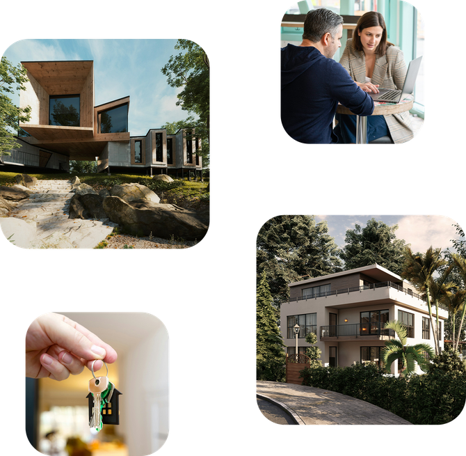 Collage of modern homes and a meeting with a house key in hand