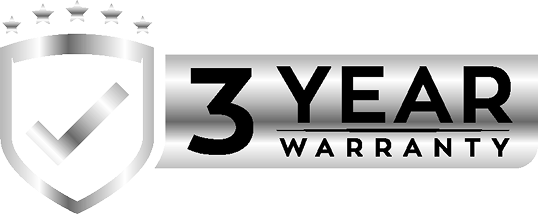 Silver shield logo with checkmark and bold text: 3 YEAR WARRANTY