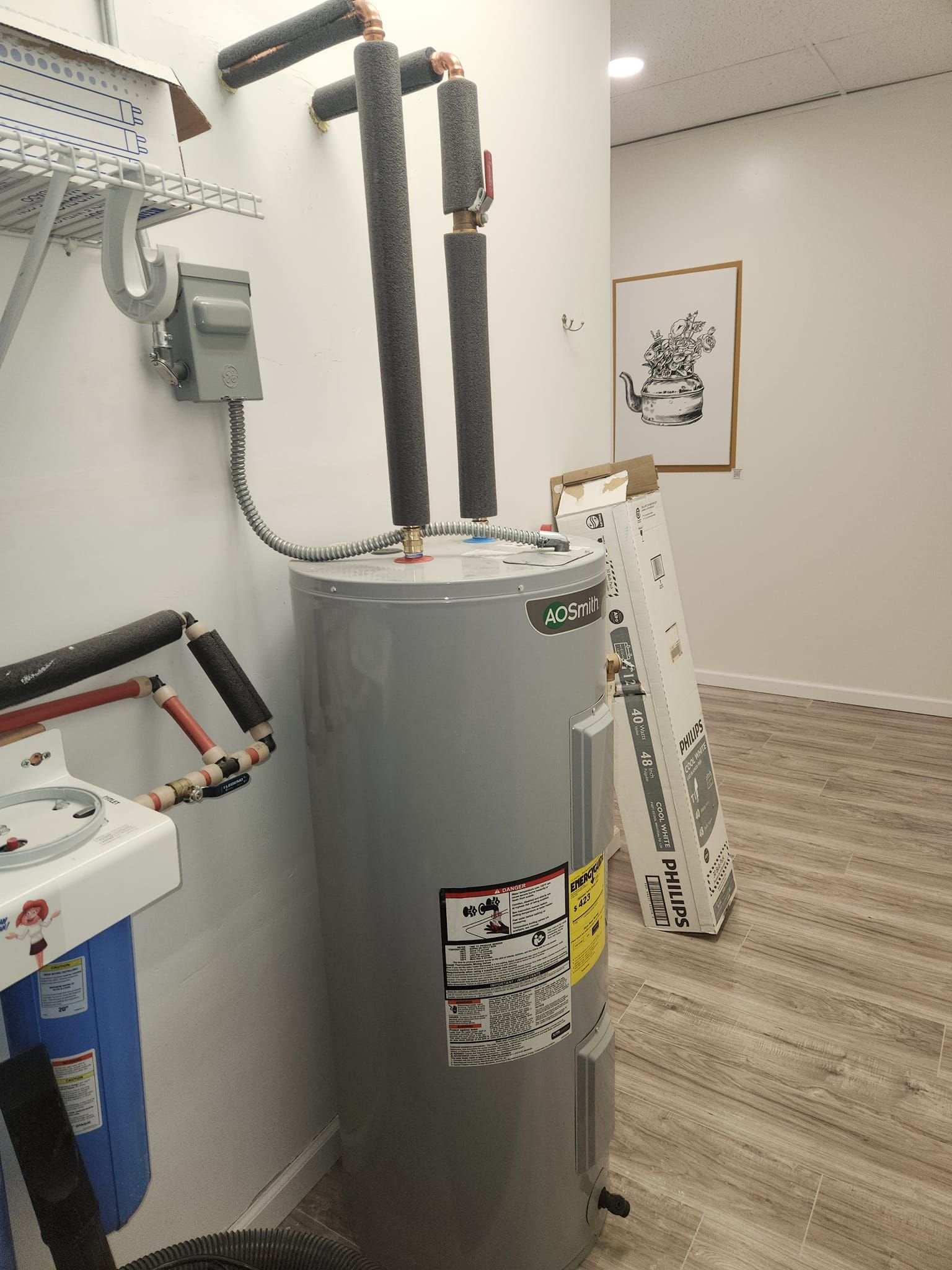 Water heater in a garage beside shelves, tools, and a wall-mounted framed print.
