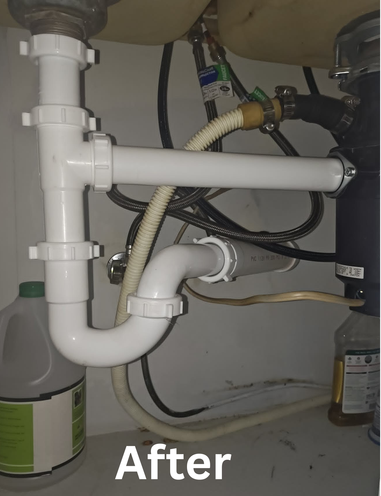 Under-sink white PVC plumbing with flexible hoses, labeled “After”