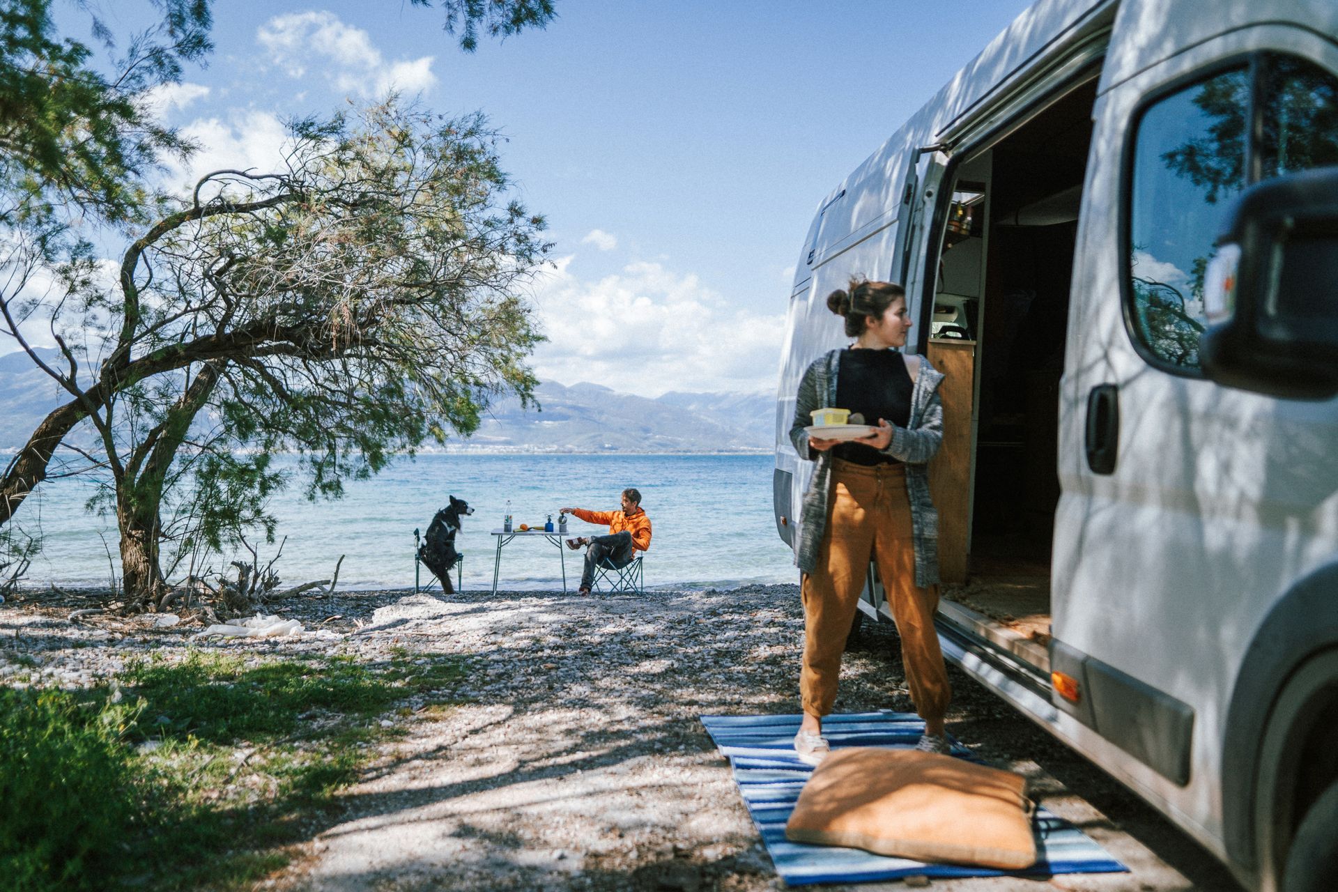 A woman is standing next to a van on the beach.