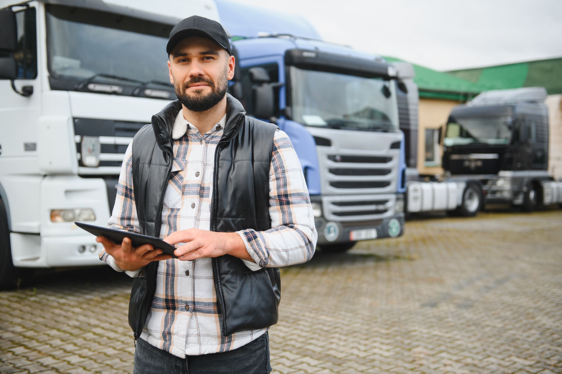 Man holding a tablet in front of parked trucks in a warehouse yard