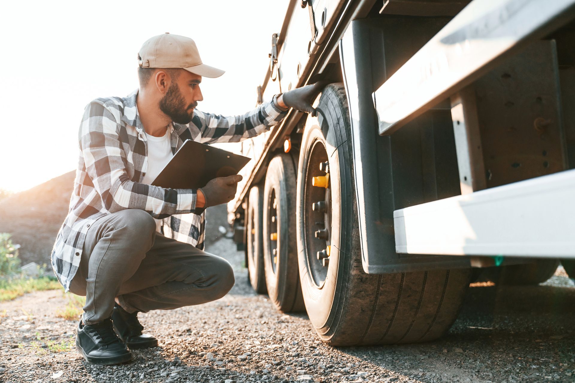 A mechanic knelt down and worked with the wheels of a heavy load truck while holding a clipboard. A mechanic knelt down and worked with the wheels of a heavy load truck while holding a clipboard.